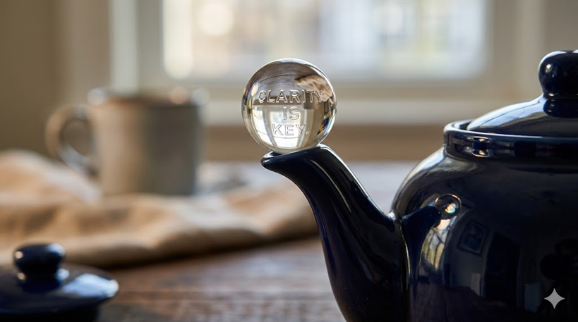 Промпт: Макроснимок: прозрачная стеклянная сфера, идеально сбалансированная на носике керамического чайника. Внутри сферы крошечные, искусно выведенные серебряные буквы складываются во фразу: “CLARITY IS KEY“.