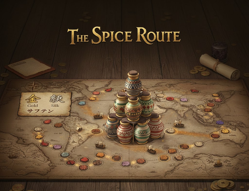 Промпт: Профессиональный графический макет настольной игры под названием “The Spice Route“. На игровом поле – детальная карта, в углу – легенда с использованием стилизованного, исторически точного шрифта с локализацией. Надписи: “Золото“ (金), “Шелк“ (絹) и “Шафран“ (サフラン). В центре композиции – сложная стопка причудливо переплетенных старинных баночек со специями.”.