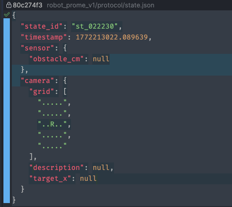 Одна из старых версий state.json, где я пытаюсь описать позицию робота в пространстве. Где находятся препятствия и цели.