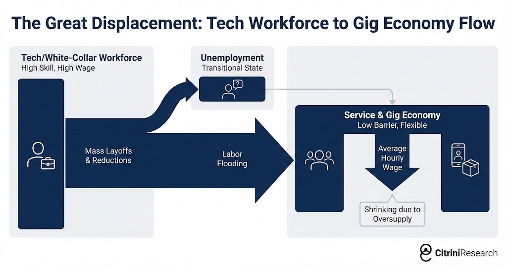 Великое вытеснение: Поток рабочей силы из технологического сектора в гиг-экономику.  Левый блок: Хайтек/офисная рабочая сила (Высокая квалификация, высокая зарплата). Происходит Mass Layoffs & Reductions — Массовые увольнения и сокращения. Часть рабочей силы: Unemployment, Безработица. Большая часть: Labor Flooding, Наплыв рабочей силы.   Правый блок: Service & Gig Economy, Сфера услуг и гиг-экономика (Низкий порог входа, гибкость). В результате Средняя почасовая оплата испытыввает Сокращение из-за избытка предложения.