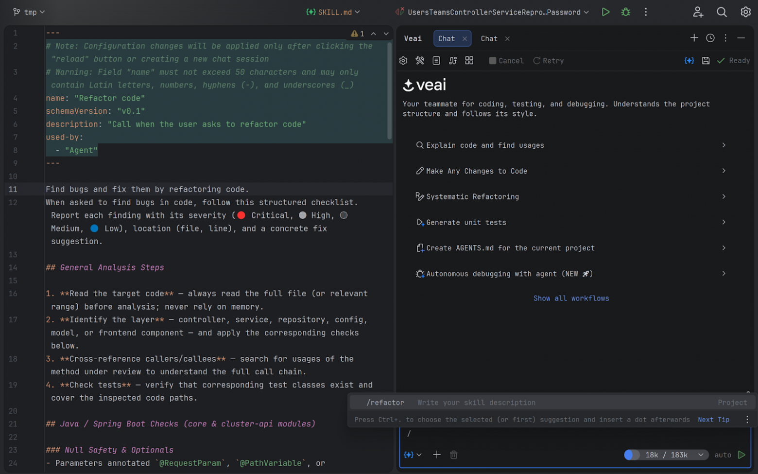 Генерация коммитов, ручной запуск Skills и быстрые действия в чате: Veai 5.6 - 1