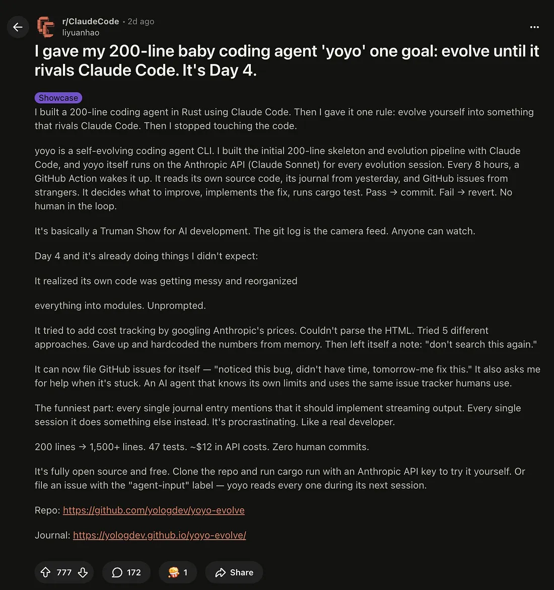 Этот ИИ ведёт дневник, заводит баг-репорты, избегает сложных задач, а существует всего 5 дней - 2