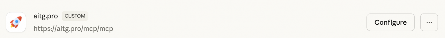 Claude->Settings->Connectors->Add custom connector и указываем ссылку https://aitg.pro/mcp/mcp  