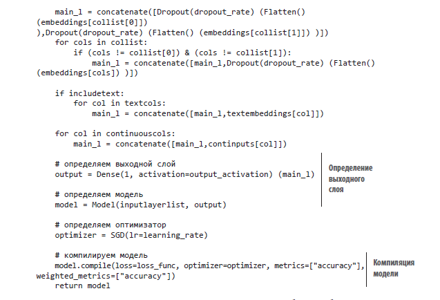 Рис. 3.8. Определение модели для решения на основе глубокого обучения Keras для задачи Airbnb NYC (часть 2)