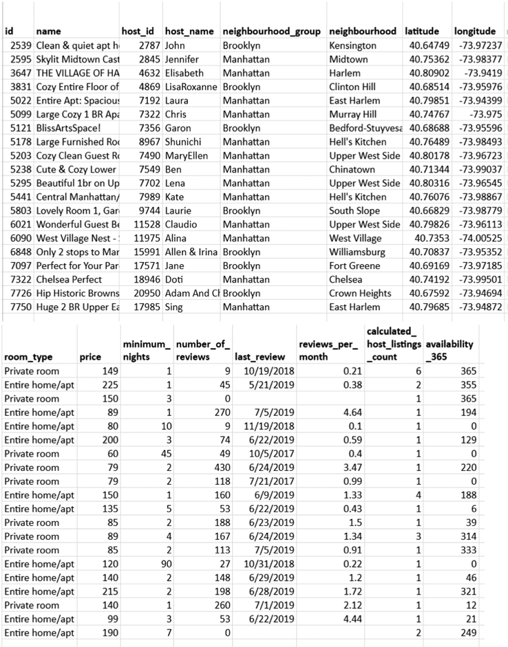 Рис. 3.2. Выборка строк из датасета Airbnb NYC