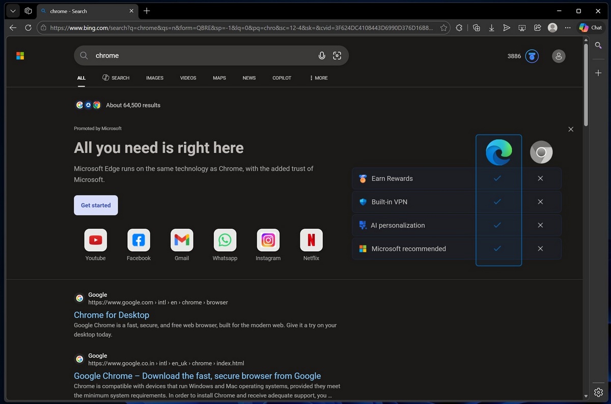 Microsoft начала продвигать Copilot в поисковике Bing при попытке найти ChatGPT - 4