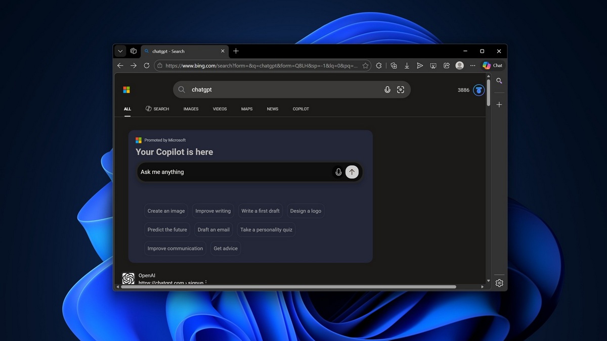 Microsoft начала продвигать Copilot в поисковике Bing при попытке найти ChatGPT - 1