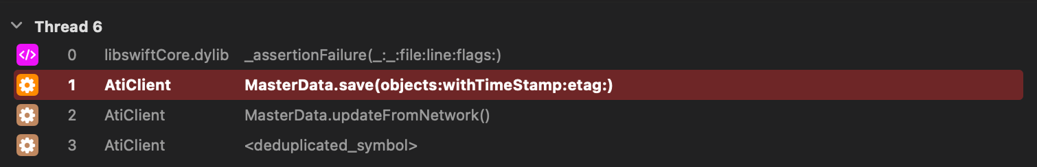 Креш произошел в потоке Thread 6.