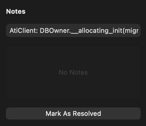 Поле Notes и кнопка "Mark As Resolved".