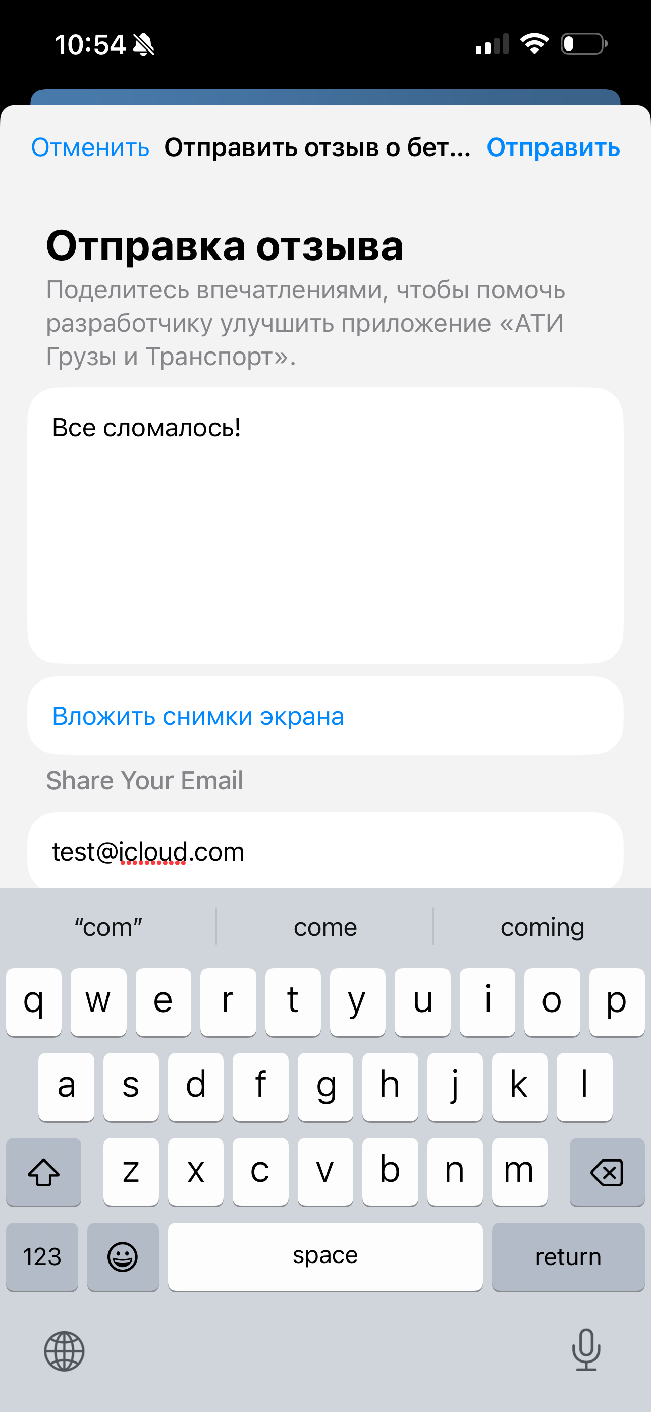 Экран для отправки отзыва разработчикам.