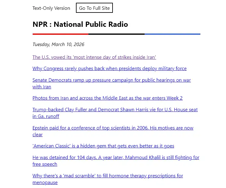 Screenshot of text.npr.org text-only news site