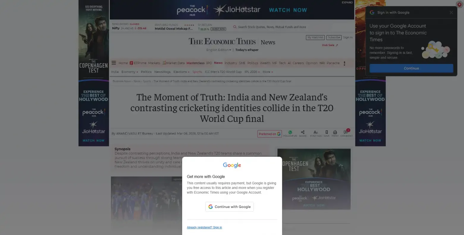 Screenshot of The Economic Times showing overwhelming ads and popups