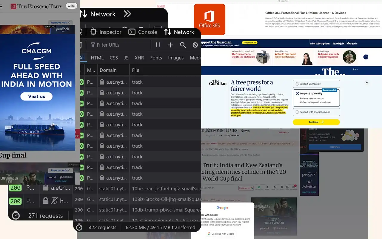 Collage of news websites and network tab request for                     NYT
