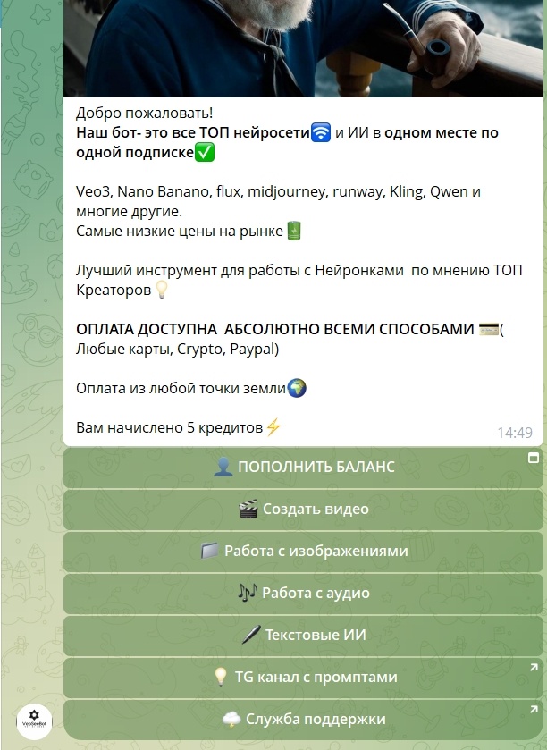 VeoSeeBot | Neuroplace - интерфейс бота для генерации с помощью нейросетей
