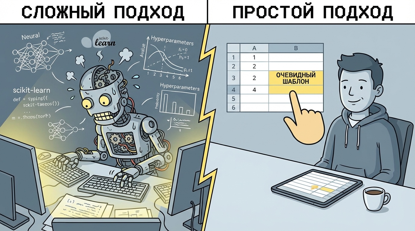 Сложный подход vs простой подход - робот мучается с нейросетью, а человек спокойно смотрит на таблицу