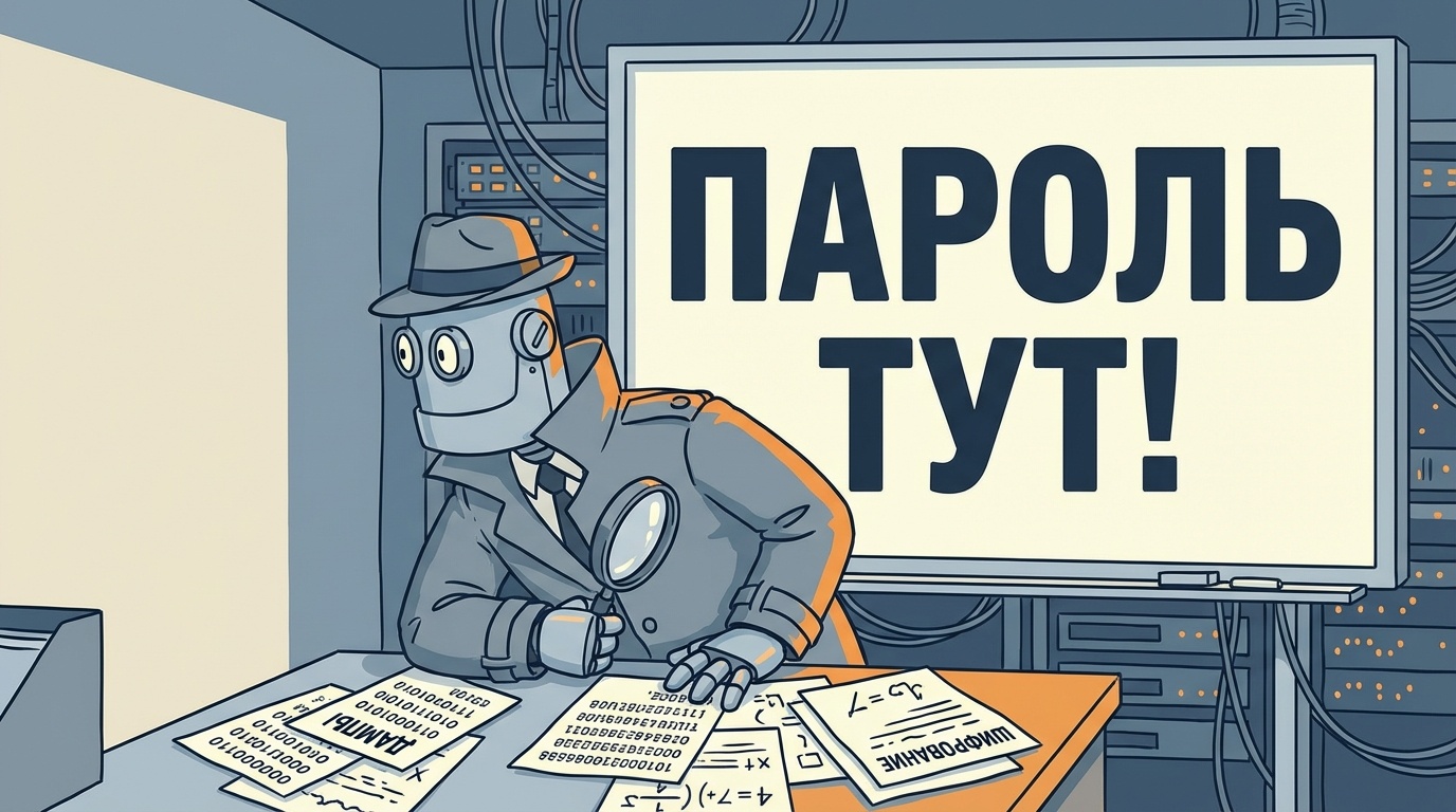 Робот-детектив ищет пароль в hex-дампах, а пароль написан огромными буквами на экране за спиной