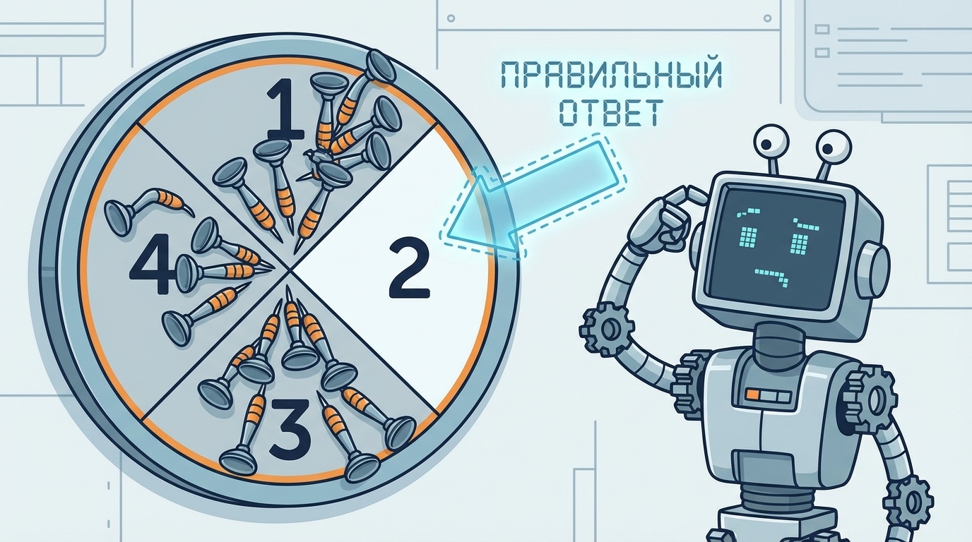 Дартборд с дротиками в секторах 1, 3, 4. Сектор 2 пуст - правильный ответ