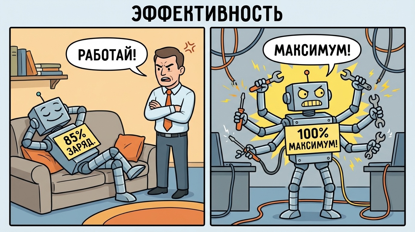 Робот на диване с 85%, менеджер говорит "Работай!", затем робот на 100% - "Максимум!"