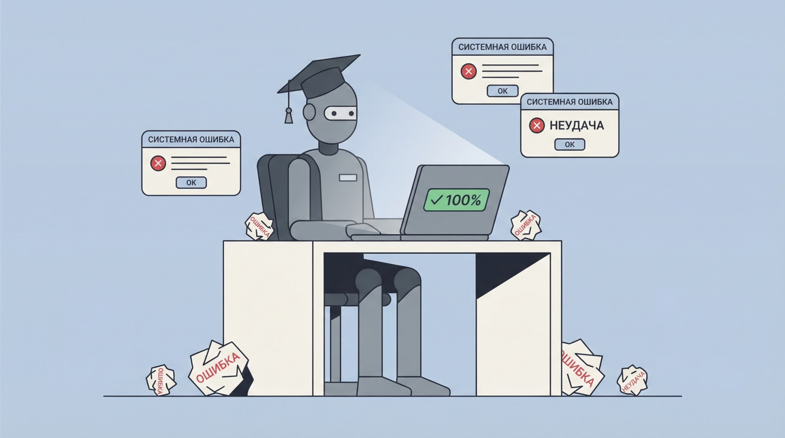 Обложка: робот-студент за ноутбуком с результатом 100% и мятыми бумажками вокруг