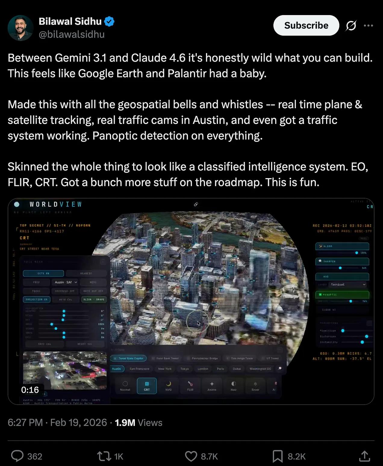 С Gemini 3.1 и Claude 4.6 сейчас можно творить вещи, от которых голова идёт кругом. Такое ощущение, будто Google Earth и Palantir завели ребёнка. Собрал это со всеми геопространственными наворотами – отслеживание самолётов и спутников в реальном времени, реальные дорожные камеры в Остине, даже систему трафика прикрутил. Паноптическое распознавание буквально всего. Оформил всё под интерфейс засекреченной разведсистемы: EO, FLIR, CRT. В планах ещё куча всего. Это реально заходит. @bilawalsidhu