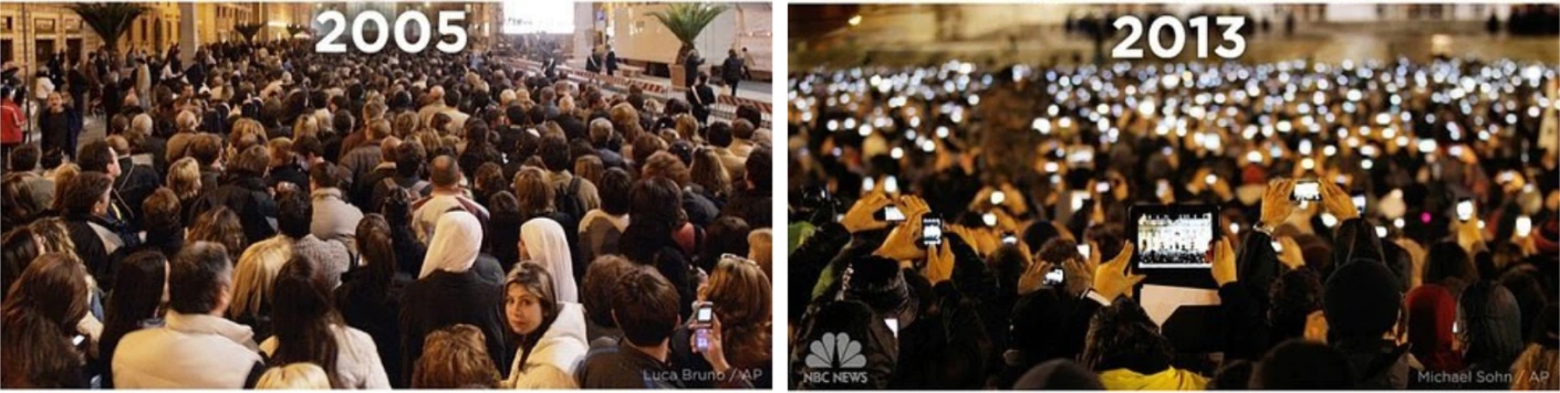 Толпа на площади Святого Петра в Ватикане, когда был объявлен Папа Бенедикт XVI в 2005 году и Папа Франциск в 2013 году. Изображение NBC News, источник