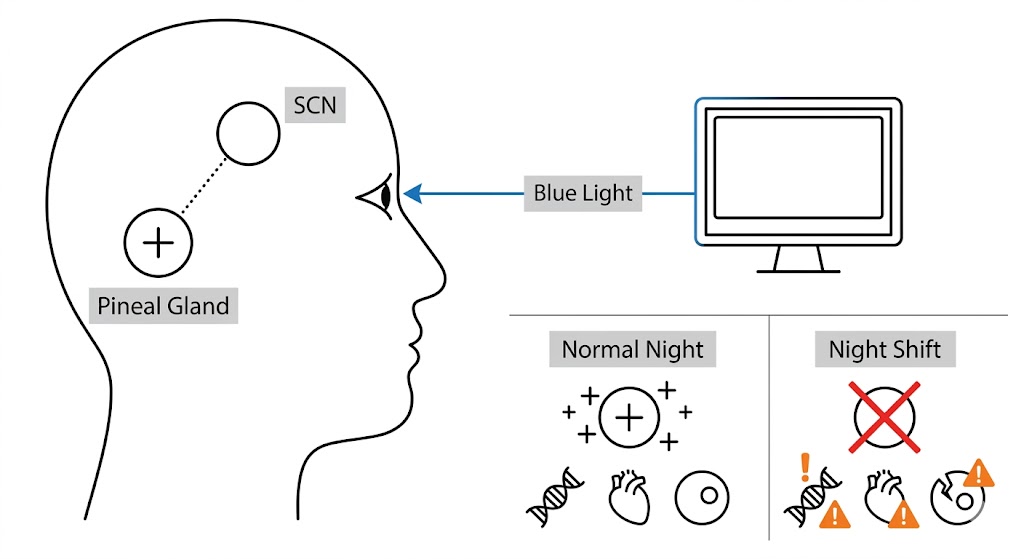 Схема 1. Механизм подавления мелатонина синим светом монитора. Слева - нормальная ночь (мелатонин вырабатывается), справа - ночная смена (мелатонин подавлен).  