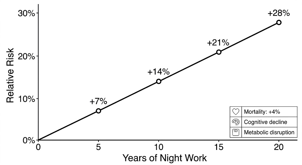 График 1. Дозозависимый эффект: рост риска сердечно-сосудистых заболеваний с увеличением стажа ночной работы (данные мета-анализа Xi et al., 2025 [3]).  
