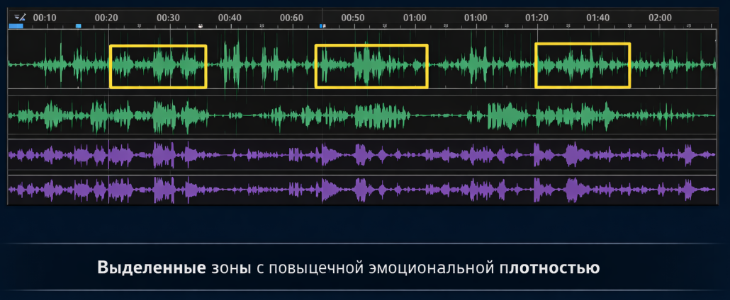  timeline с аудиопиками и выделенными окнами, где система видит повышенную эмоциональную плотность.  