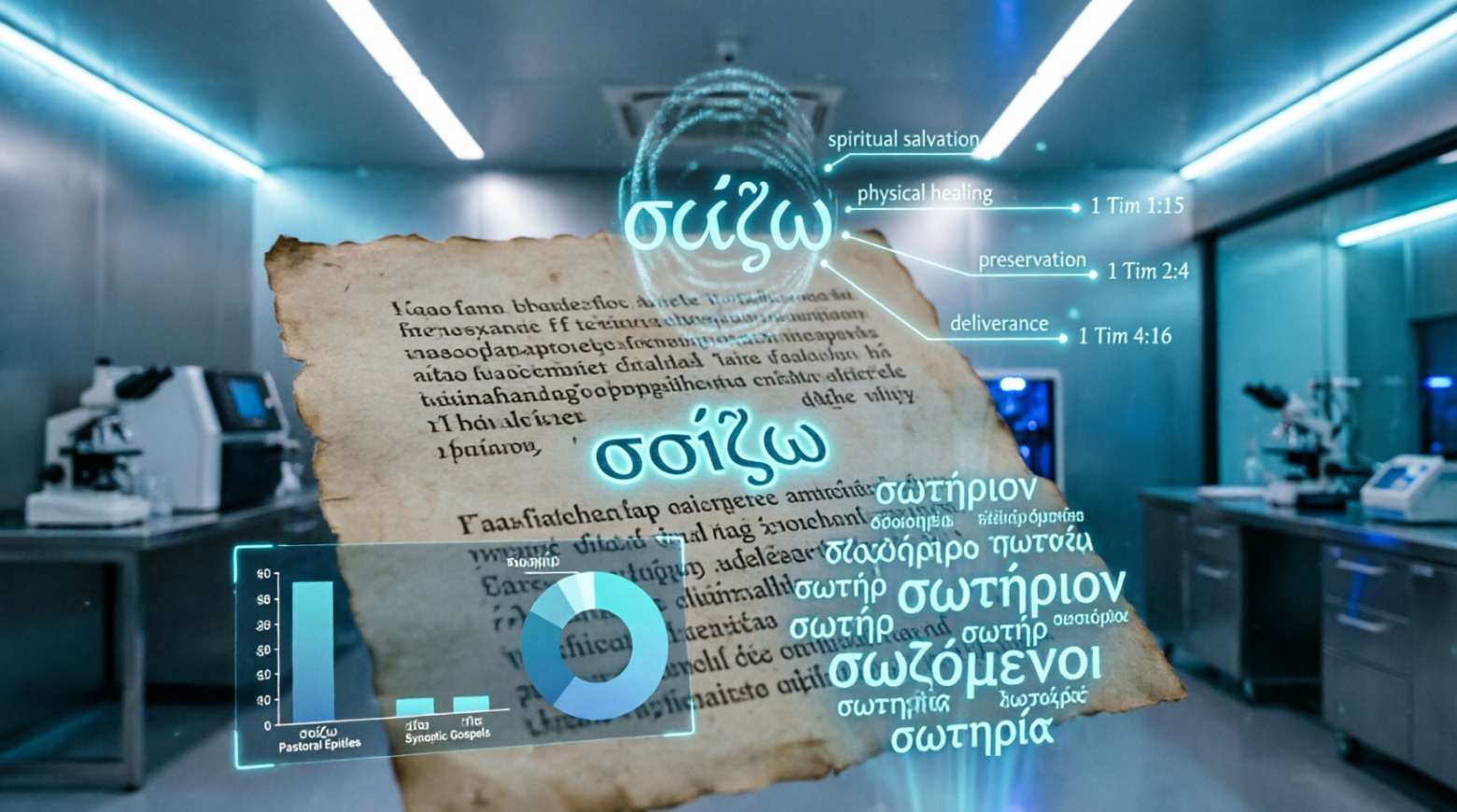 Семантический анализ. ИИ выявляет преимущественное сотериологическое значение глагола σῴζω (sozo) в Пастырских посланиях, сравнивая контексты употребления.