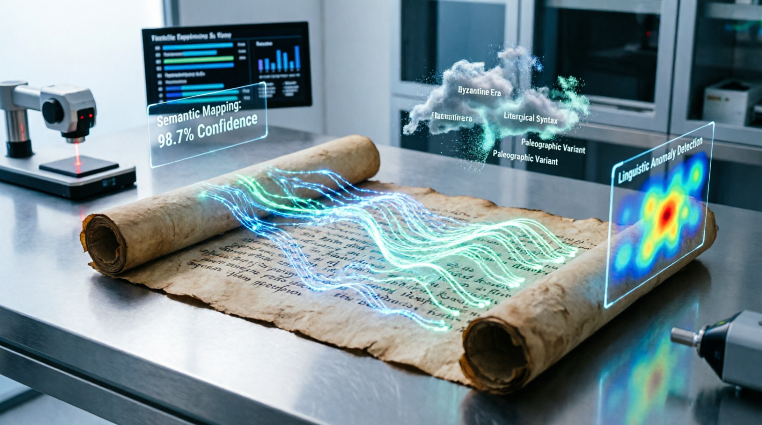 Визуализация процесса. ИИ анализирует древний текст, выявляя семантические связи и логические противоречия в интерпретациях.