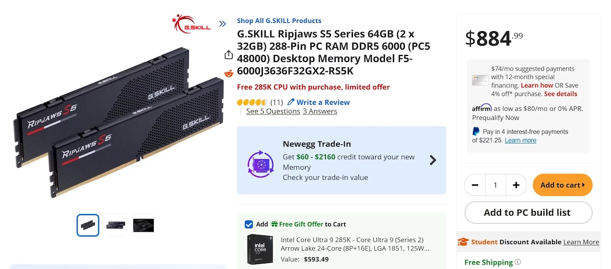 На Newegg продаётся комплект из ОЗУ G.SKILL Ripjaws S5 Series на 64 ГБ и процессора Intel Core Ultra 9 285K за $885 - 1