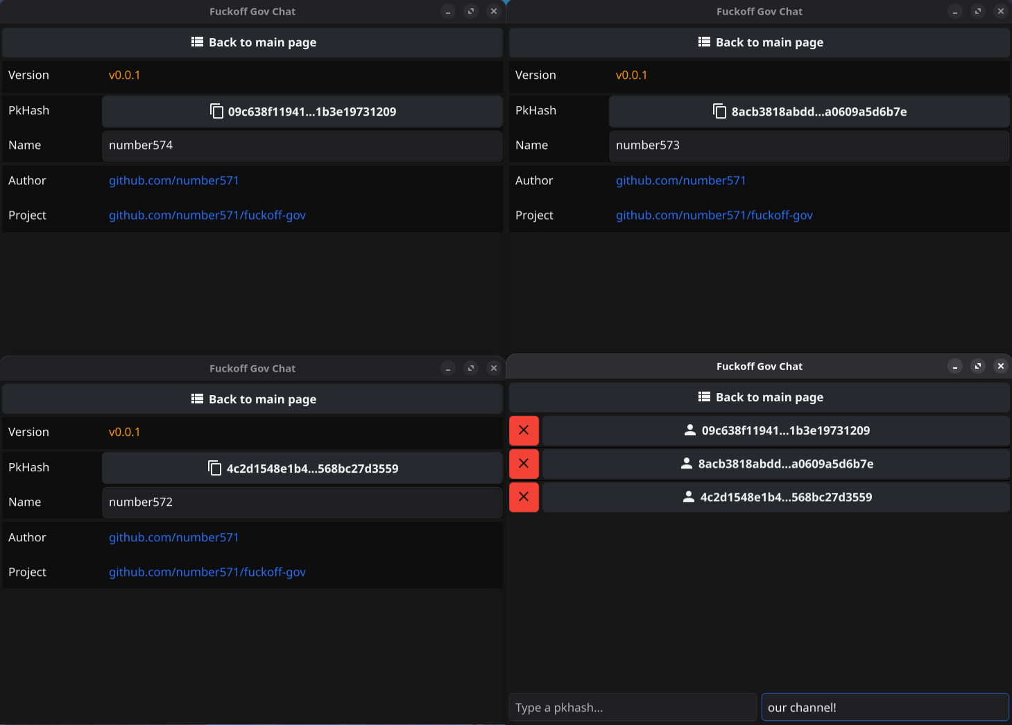 Четвёртый клиент создаёт чат с тремя пользователями (его ключ попадает автоматически в список)