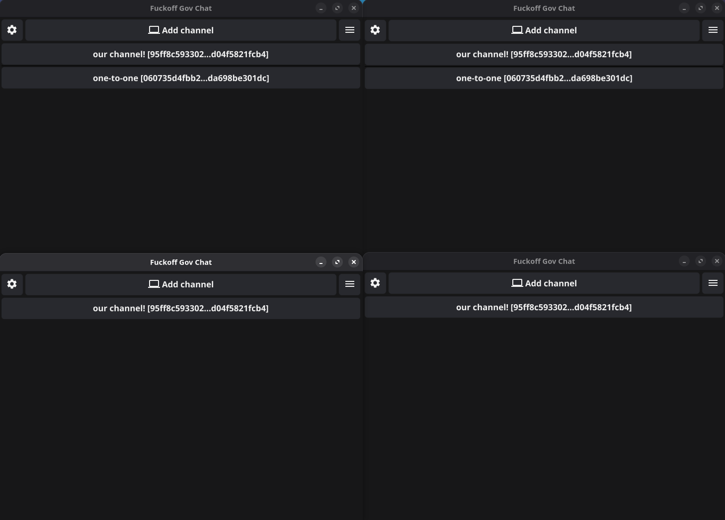 Список каналов. Двое верхних клиентов создали собственный чат для общения 1к1