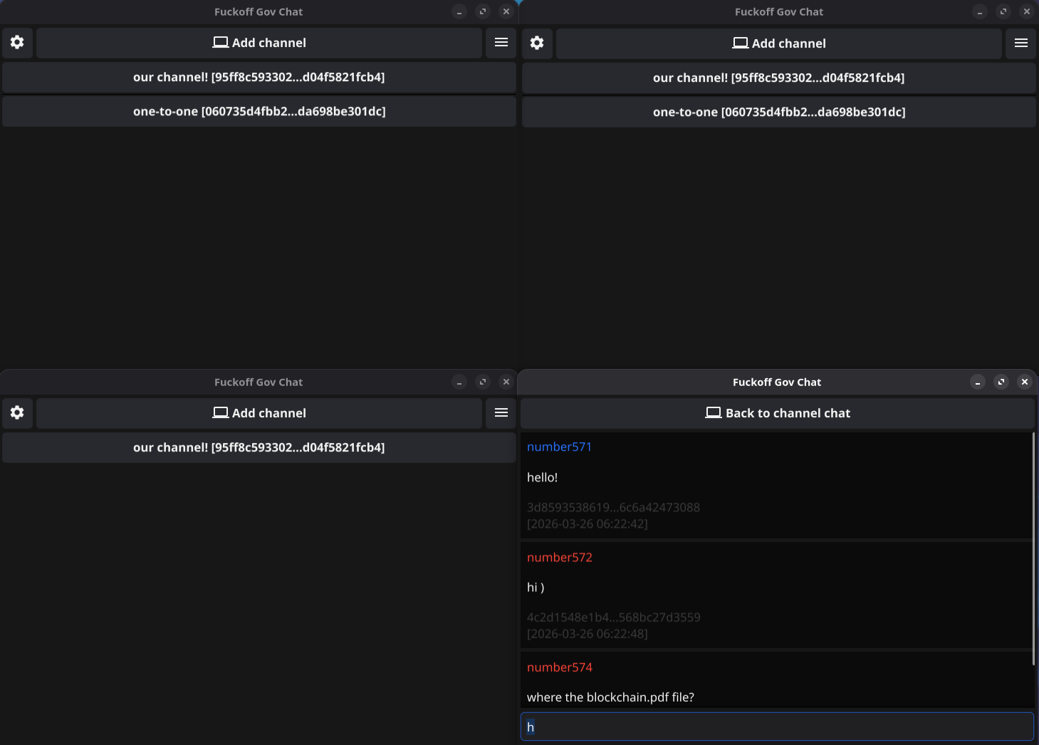 Есть отдельная вкладка - поиск сообщений. Здесь по символу h проивзодится поиск текстов с данной буквой (да, поиск крайне тупой, буквально strings.Contains)