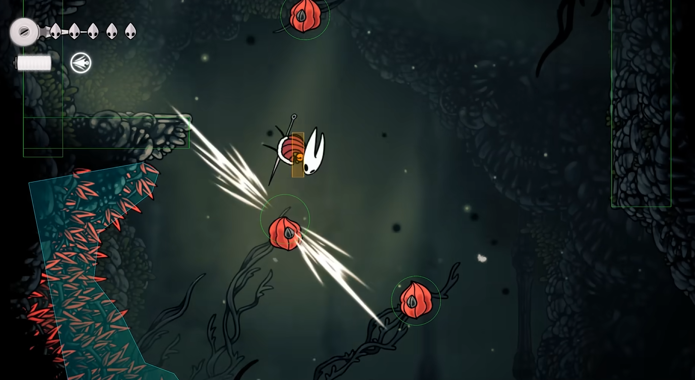 Коллизии и хитбоксы в Hollow Knight: Silksong. Оранжевый — хитбокс Хорнет, зеленые прямоугольники — физика поверхности, на которую можно встать или зацепиться, зеленые круги — точки для отталкивания оружием, синие — моментальный урон с возрождением на последней твердой полке.