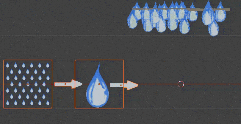 Для капель дождя обычно используют спрайты типа billboards — маленькие плоскатики в один полигон с текстурой капли, которые всегда повернуты к камере (зрителю, независимо от угла обзора).