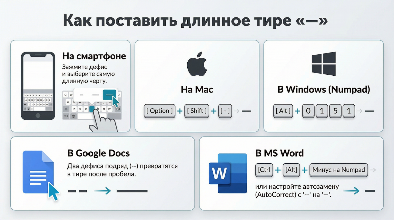 Как поставить тире