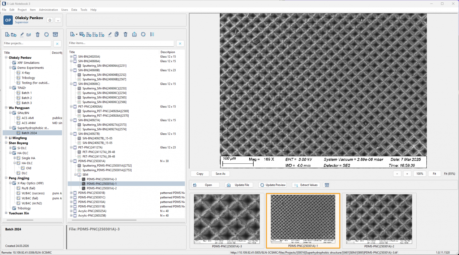 Скриншот ELN3: Item content view с файлами, данными и действиями  