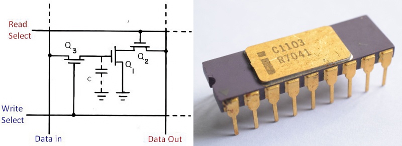 Рисунок 3 Схемотехника одной ячейки памяти и внешний вид Intel 1103. Https://habr.com/ru/companies/first/articles/836524