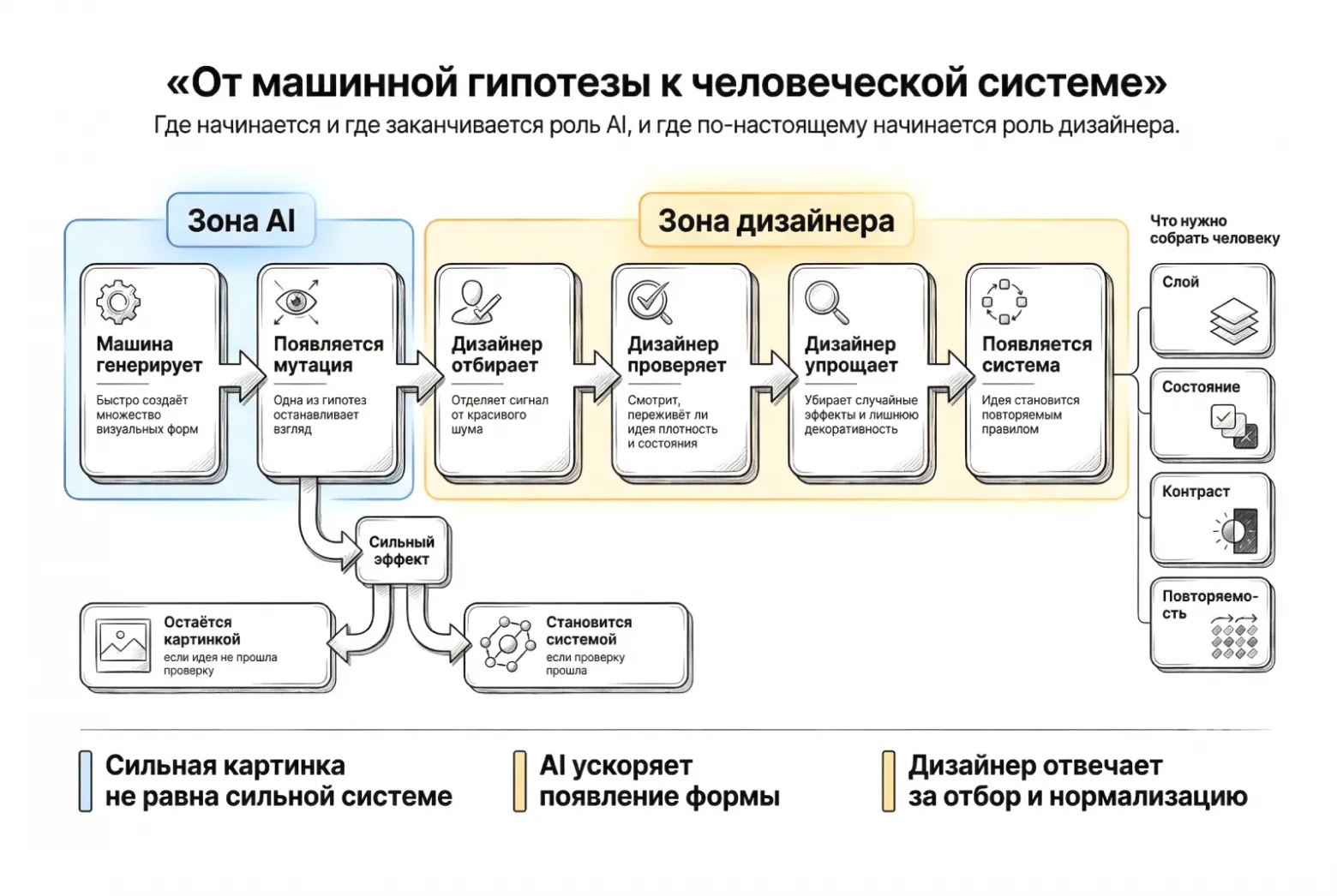 Эта схема хорошо показывает новый баланс ролей: AI быстро производит формы и случайные мутации, а дизайнер отвечает за главное, за отделение сигнала от шума, проверку идеи на реальность продукта и превращение сильной картинки в систему.