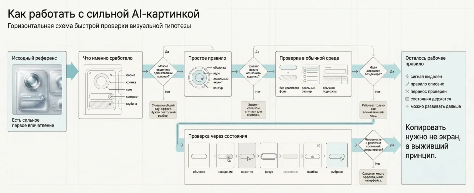 Эта схема показывает рабочий порядок: сначала понять, что именно сработало в картинке, потом упростить эффект до правила, проверить его без декоративной сцены, прогнать через состояния и оставить только тот принцип, который выдержал проверку.