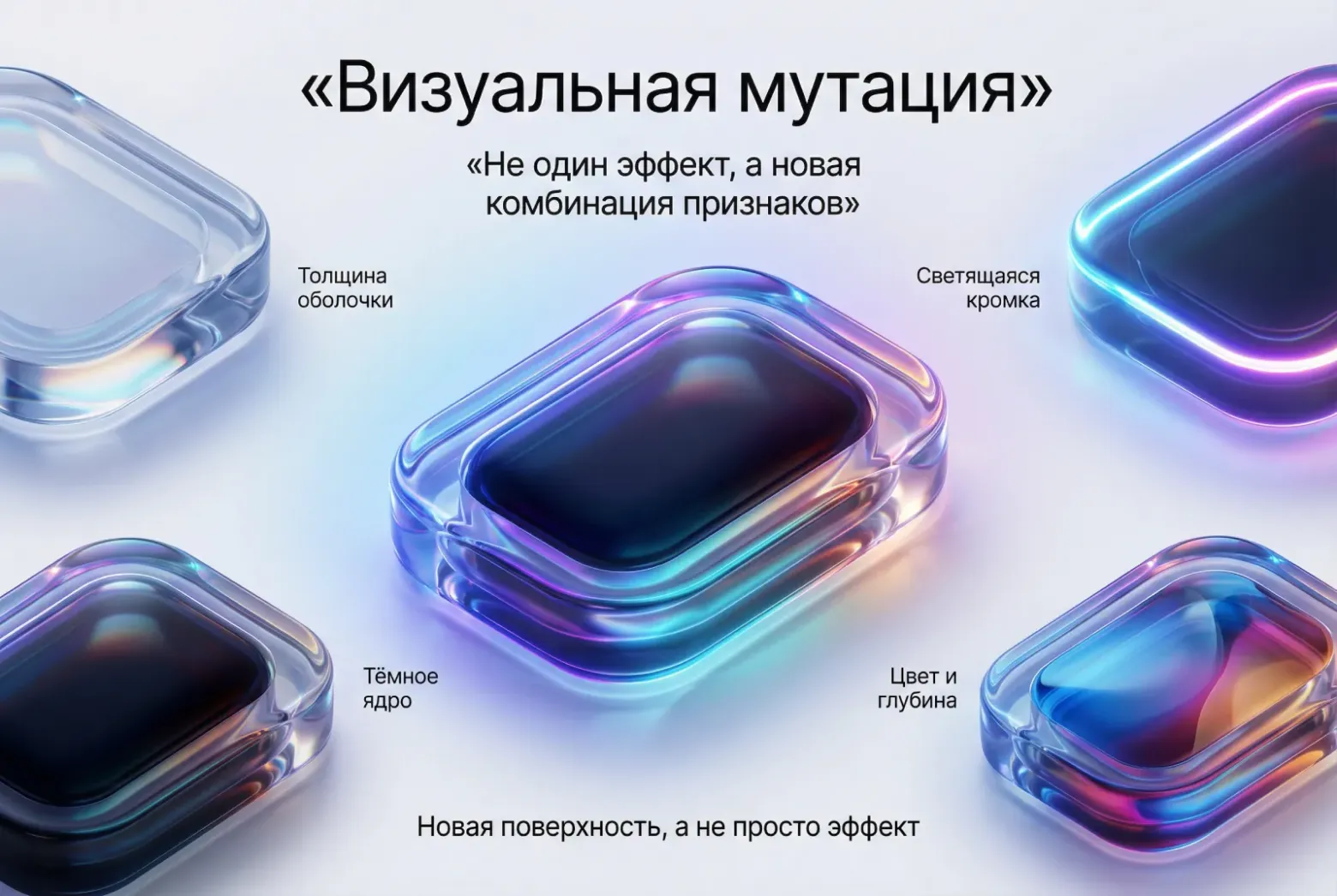 Визуальная мутация возникает там, где картинка приносит не один эффект, а новую связку признаков: толщину оболочки, тёмное ядро, светящуюся кромку, цветовой сдвиг и глубину, которые вместе начинают восприниматься как новая поверхность.