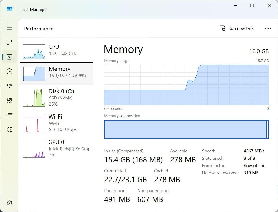 Рис. 5. Потребление оперативной памяти при загрузке модели в ноутбуке