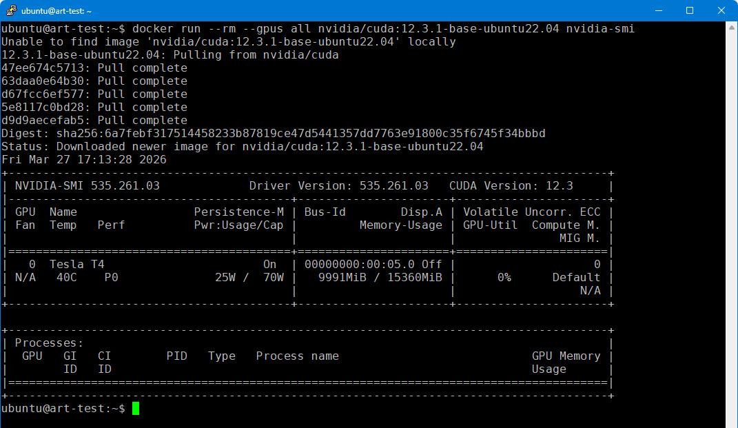 Рис. 8. Запуск утилиты nvidia-smi в контейнере Docker