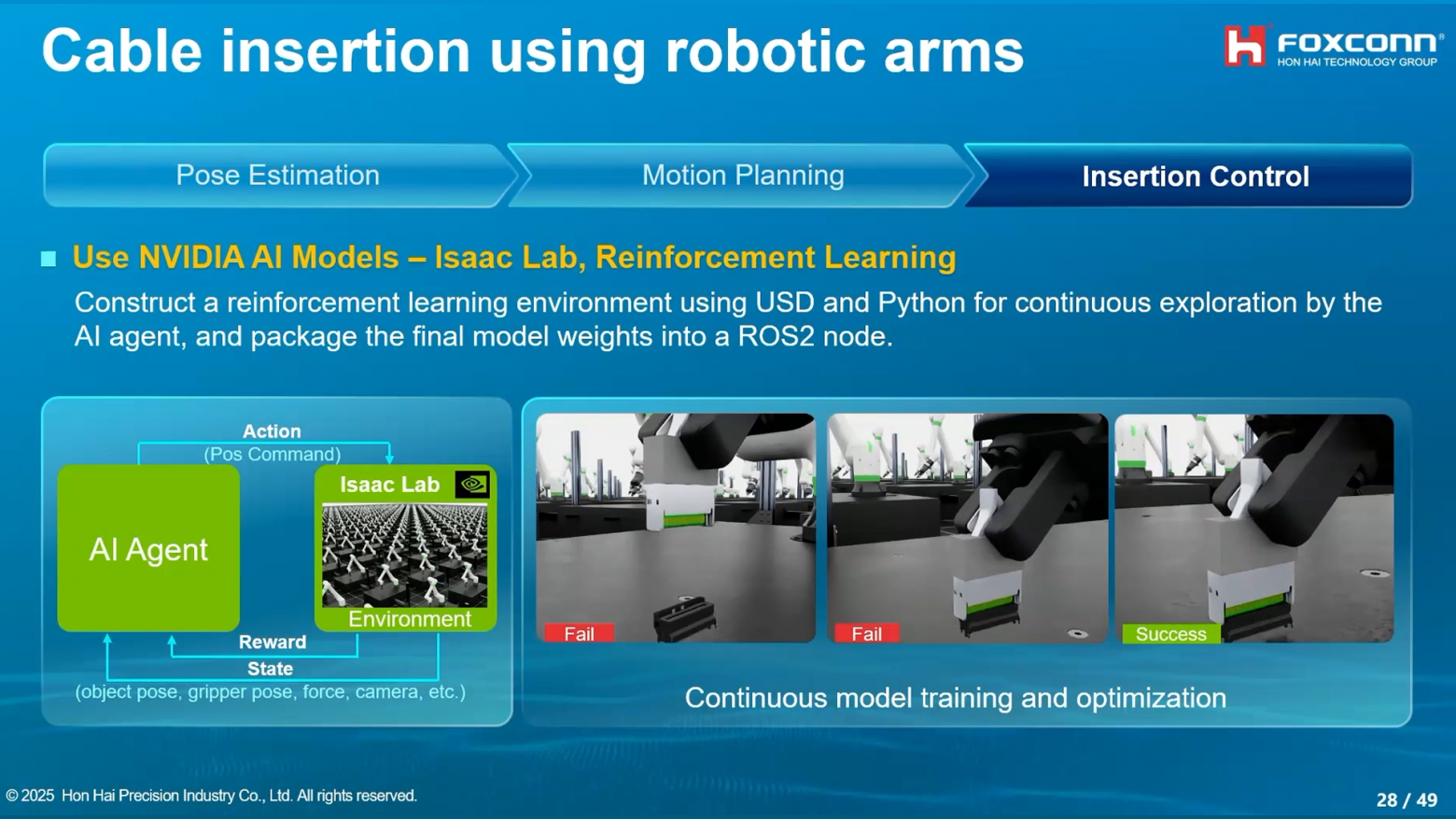 Автономный ИИ-агент управляет роботизированной рукой для сборки узла на фабрике Foxconn. Кадр из презентации NVIDIA. Источник.