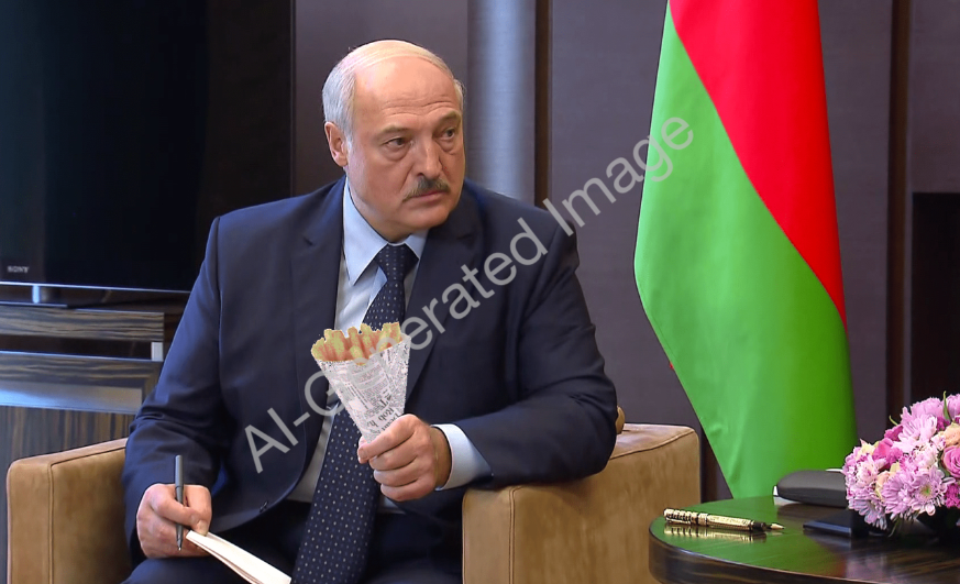 Изображение, созданное нейросетью, на котором президент Беларуси якобы держит пакетик картофеля фри в неуместной ситуации — на официальной встрече. Изображение: Хенк ван Эсс