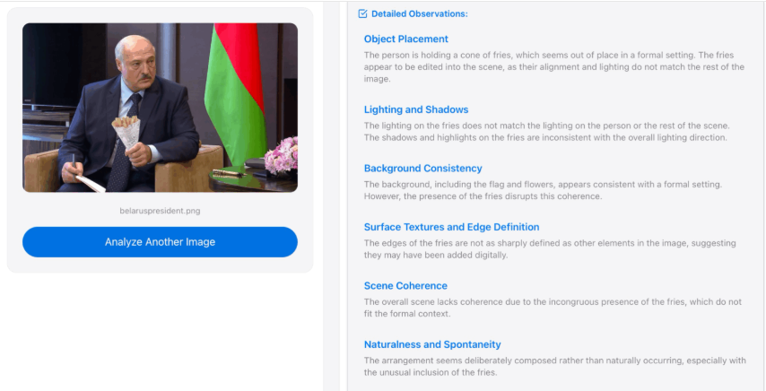 Анализ изображения, созданного нейросетью, на котором президент Беларуси якобы держит пакетик картофеля фри. Изображение: Хенк ван Эсс