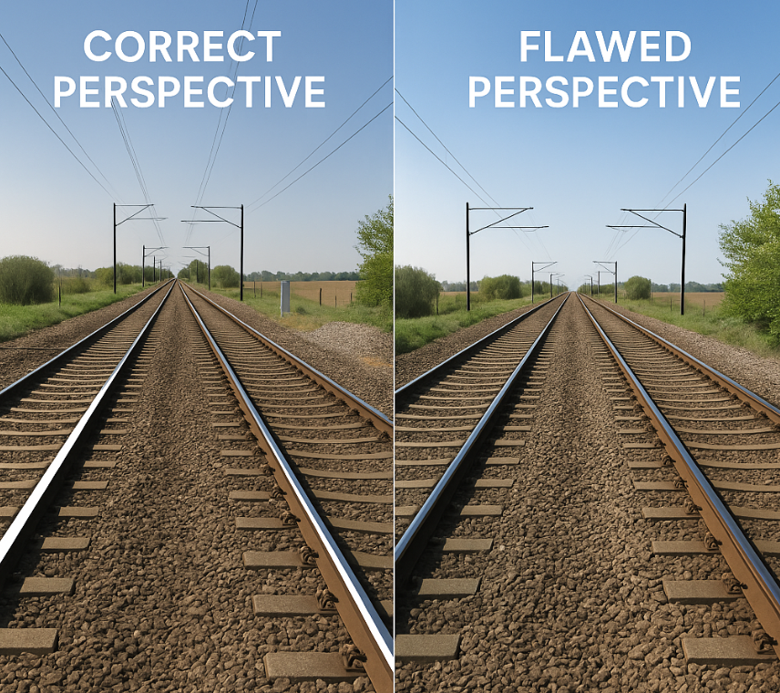 Железнодорожные пути, уходящие вдаль: реальное фото с правильной перспективой и картинка, созданная нейросетью. Изображения: Хенк ван Эсс