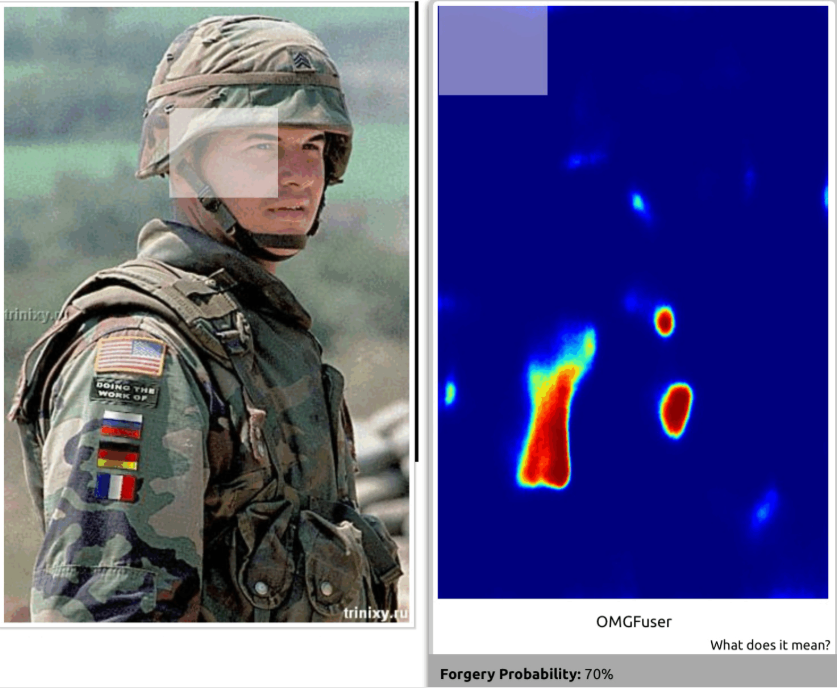 Отредактированное фото американского солдата, ставшее вирусным (2004). К снимку дорисовали нашивку «DOING THE WORK OF» («ВЫПОЛНЯЮ РАБОТУ ЗА») и флаги России, Германии и Франции. Инструмент-детектор фальсификации подсвечивает возможные отредактированные участки и оценивает степень вероятности этих изменений. Изображения: Хенк ван Эсс