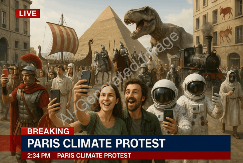 ИИ-картинка, имитирующая кадр из новостей о климатическом протесте в Париже. Изображение: Хенк ван Эсс